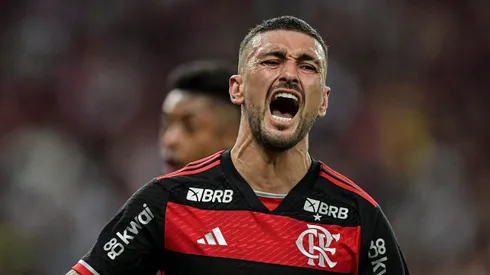 Arrascaeta jogador do Flamengo comemora seu gol durante partida contra o Bahia na Copa do Brasil. Foto: Thiago Ribeiro/AGIF