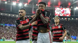 Jogadores do Flamengo comemoram gol durante partida contra o Bahia no estadio Maracana pelo campeonato Copa Do Brasil 2024. Foto: Thiago Ribeiro/AGIF