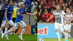 Jogadores do Cruzeiro comemorando gol sobre o Corinthians. Ao lado os futuros adversários do Libertad no duelo pela Sul-Americana