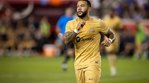 HARRISON, NJ - JULY 30: Memphis Depay #9 of FC Barcelona celebrates his goal in the second half of the preseason Friendly match New York Red Bulls at Red Bull Arena on July 30, 2022 in Harrison, New Jersey. (Photo by Ira L. Black/Getty Images)