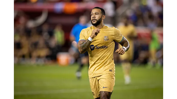 HARRISON, NJ - JULY 30: Memphis Depay #9 of FC Barcelona celebrates his goal in the second half of the preseason Friendly match New York Red Bulls at Red Bull Arena on July 30, 2022 in Harrison, New Jersey. (Photo by Ira L. Black/Getty Images)