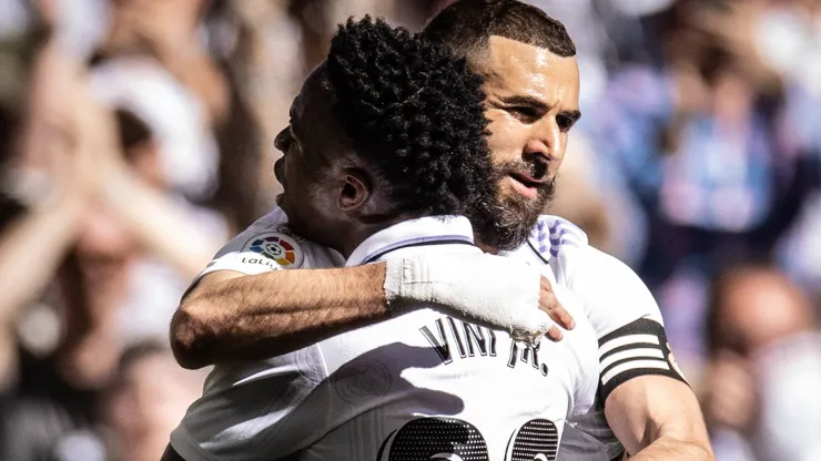 Real Madrid x Valladolid Benzema Vini Jr Real Madrid in action during the game valid for La Liga at the Santiago Bernabeu stadium, in Madrid, today April 2, 2023. Copyright: xx AB4I3559