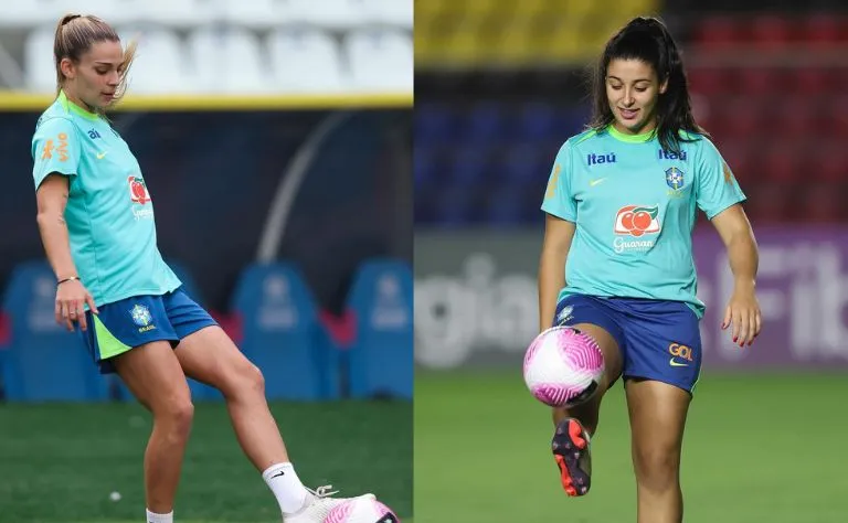 Gio Queiroz, atacante e Dudinha, meia-campista da Seleção Brasileira durante atividades físicas e treino para os amistosos com a Colômbia. Foto:  Livia Villas Boas/CBF