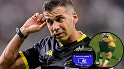 Bruno Arleu de Araújo não assinalou pênalti em Breno Bidon no início do jogo na Arena Pantanal - Fotos: IMAGO e Reprodução/SporTV