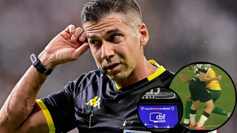 Bruno Arleu de Araújo não assinalou pênalti em Breno Bidon no início do jogo na Arena Pantanal - Fotos: IMAGO e Reprodução/SporTV