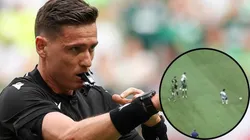 Câmera flagrou irregularidade em jogada de 2º gol do Fortaleza contra Palmeiras - Fotos: Reprodução/Twitter e César Greco/Ag. Palmeiras