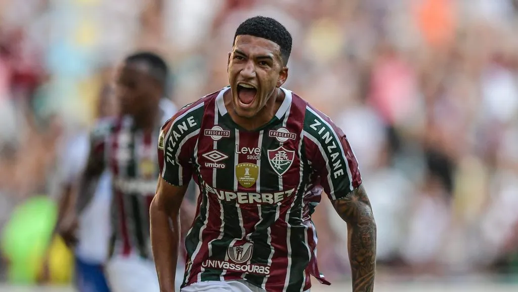 Kauã Eliascomemora seu gol durante partida contra o Bahia no estadio Maracanã. Foto: Thiago Ribeiro/AGIF