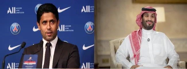 Nasser Al-Khelaïfi, presidente do PSG e princípe herdeiro saudita, Mohammed bin Salman, dono do New Castle são os interessados no clube santista – Foto: Sebastien Muylaert/Getty Images ; AFP / SAUDI ROYAL PALACE