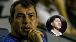 Carille conversa com Miguelito após polêmica no Santos. Fotos: Marco Miatelo e Abner Dourado/AGIF