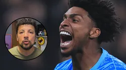 Hugo Souza durante partida contra o Criciúma, na Neo Química Arena, pelo Campeonato Brasileiro e o jornalista André Hernan. Foto: Ettore Chiereguini/AGIF e Reprodução/YouTube André Hernan