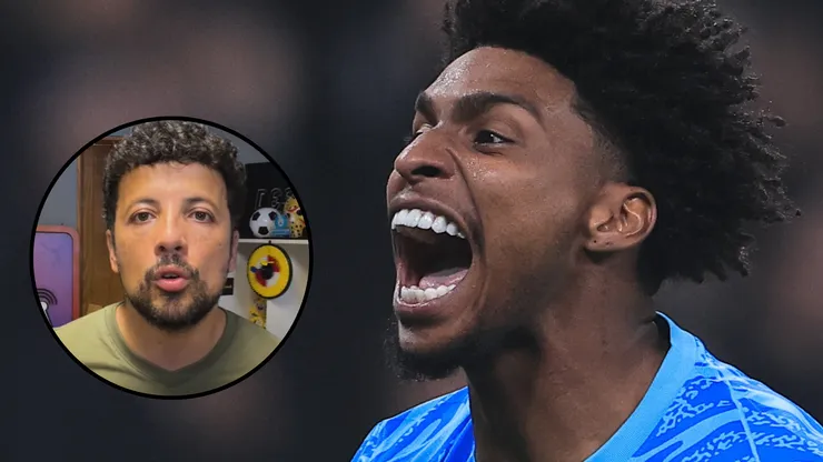Hugo Souza durante partida contra o Criciúma, na Neo Química Arena, pelo Campeonato Brasileiro e o jornalista André Hernan. Foto: Ettore Chiereguini/AGIF e Reprodução/YouTube André Hernan