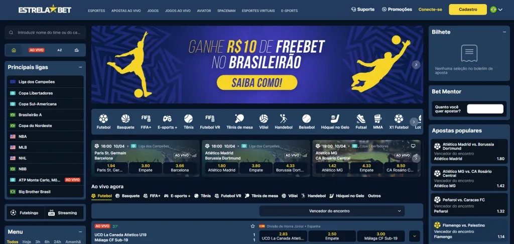Captura de tela do site da Estrela Bet após o cadastro, demonstrando a plataforma e as diferentes seções pelas quais é possível navegar. 