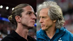 Filipe Luís e Jorge Jesus no Flamengo. Foto: Thiago Ribeiro/AGIF