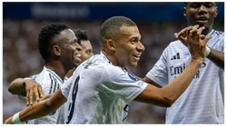 Kylian Mbappe comemora gol marcado pelo Real Madrid na final da UEFA Super Cup diante da Atalanta. Foto: SOPA Images Limited / Alamy Stock Photo