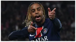 Bradley Barcola comemora gol marcado pelo PSG em partida da Ligue 1 diante do Strasbourg. Foto: LE PICTORIUM / Alamy Stock Photo