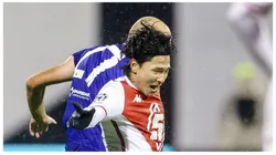 Takumi Minamino pelo Monaco em partida da UEFA Champions League diante do Dinamo Zagreb. Foto: Newscom / Alamy Stock Photo
