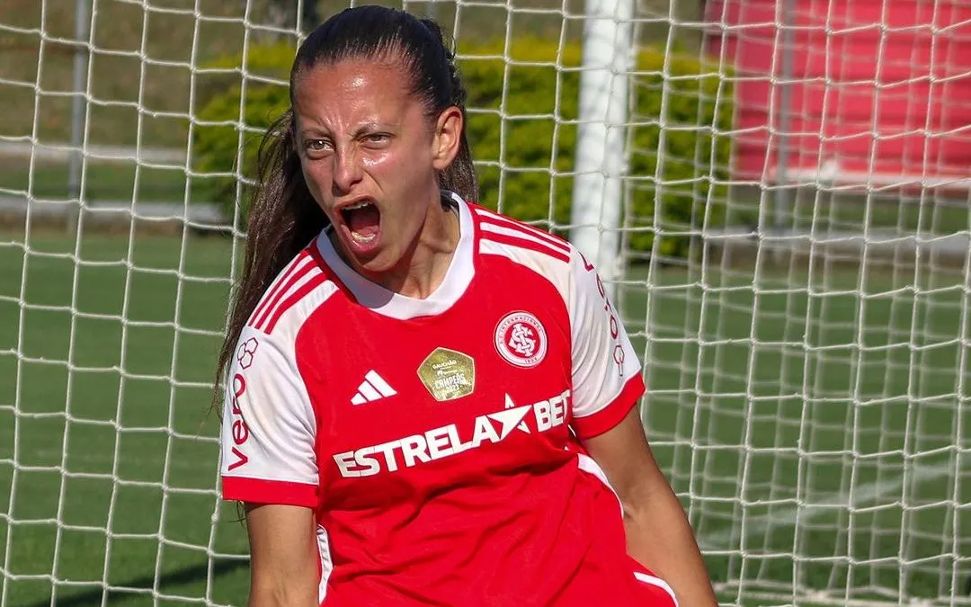 Belén Aquino, jogadora das Gurias Coloradas comemora gol sobre o Juventude na semifinal do Gauchão Feminino. Foto: Pedro Trennepohl/Internacional