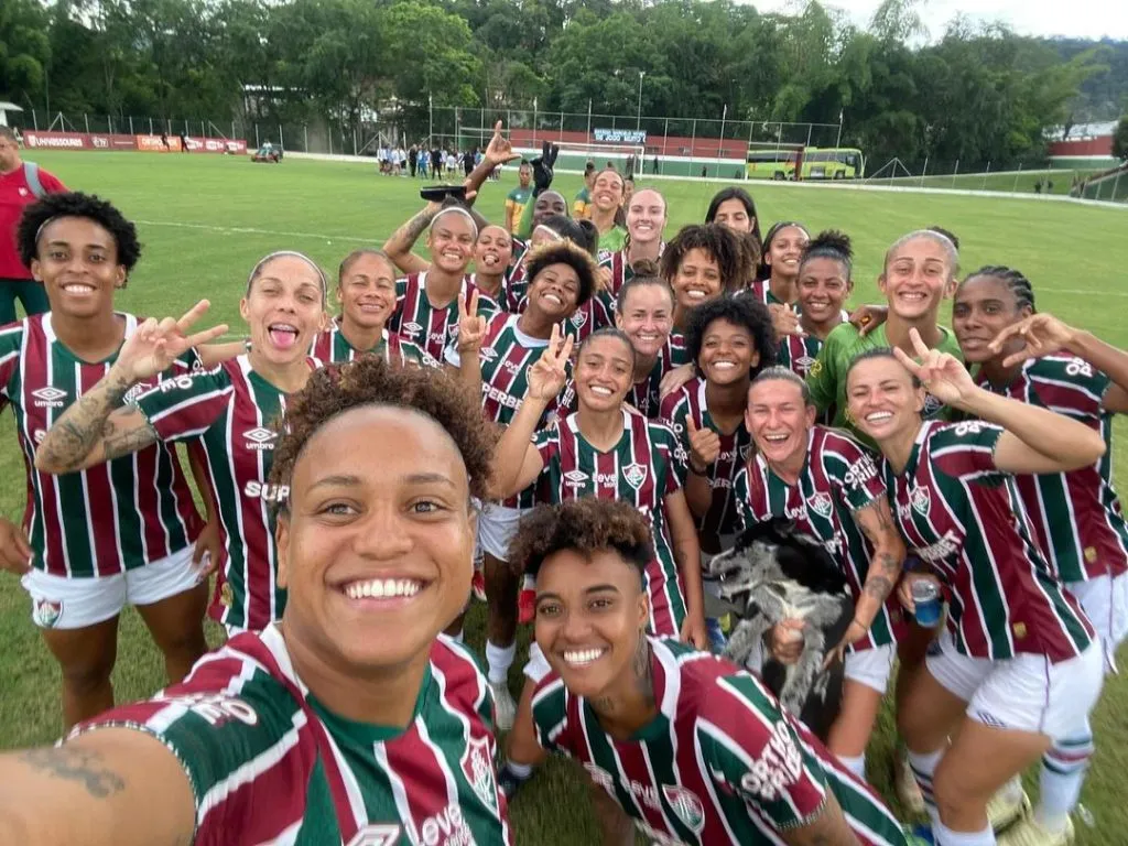 Guerreiras do Fluminense, comemoram gol de Keké e boa fase na competição após partida de ida pela final do Carioca Feminino contra o Flamengo. Foto: Marina Garcia/FFC