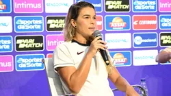 Tamires, jogadora do Corinthians durante coletiva de imprensa da pré-final do Paulistão Feminino edição 2023