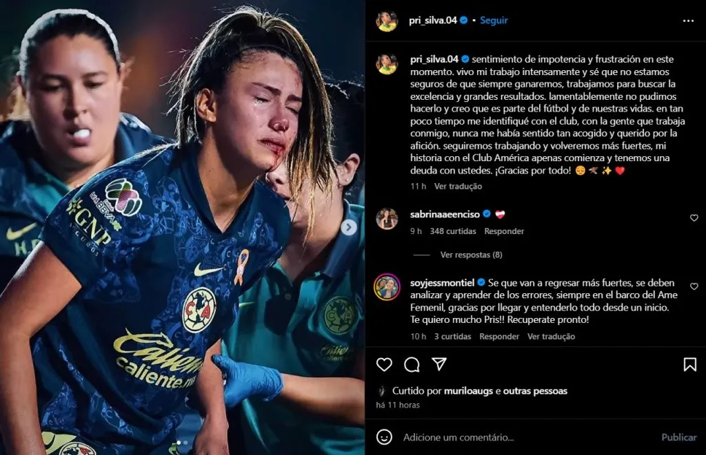 Print da post no Instagram de Priscila após partida contra o Tigres pelo torneio mexicano na qual  a atacante lamenta a eliminação de sua equipe. Foto: Arquivo pessoal/Priscila Silva/America Femenil