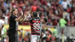 Gabigol jogador do Flamengo comemora seu gol com Filipe Luís técnico de sua equipe durante partida contra o Atletico-MG pela Copa Do Brasil 2024. Foto: Thiago Ribeiro/AGIF