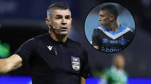 O árbitro Marcelo de Lima Henrique e o meia Miguel Monsalve. Fotos: Marcello Zambrana e Maxi Franzoi/AGIF