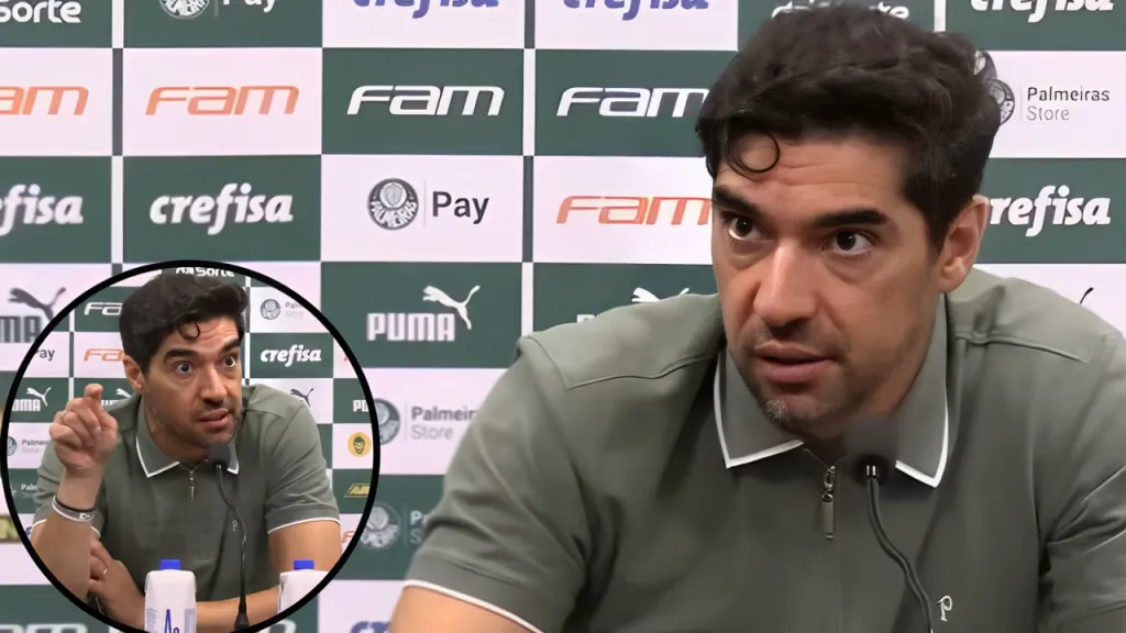 Abel em discussão em coletiva do Palmeiras - Fotos: Reprodução/TV Palmeiras