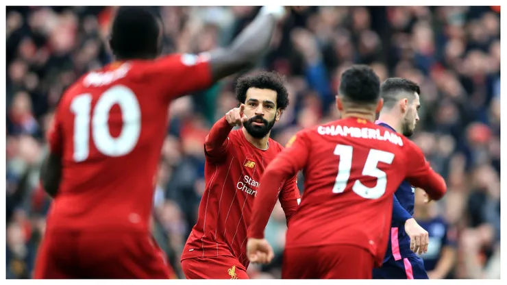 Mohamed Salah comemora gol marcado pelo Liverpool em partida da Premier League em Anfield. Foto: PA Images / Alamy Stock Photo