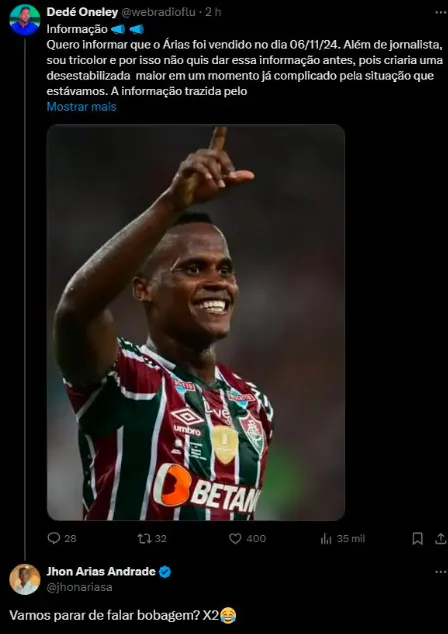 Resposta de John Arias. Foto: Reprodução/Twitter