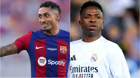 Raphinha e Vini Jr. pelo Barcelona e Real Madrid. Foto: Eric Alonso/Angel Martinez/Getty Images