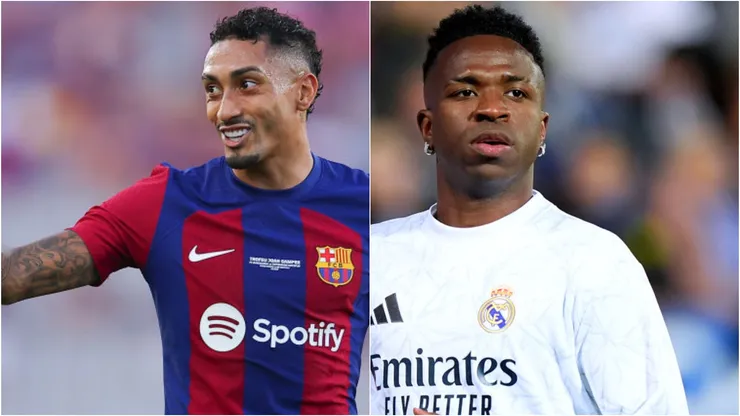 Raphinha e Vini Jr. pelo Barcelona e Real Madrid. Foto: Eric Alonso/Angel Martinez/Getty Images