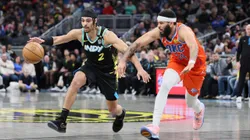 INDIANAPOLIS, INDIANA - APRIL 05: Andrew Nembhard #2 of the Indiana Pacers dribbles the ball against the Oklahoma City Thunder in the second half at Gainbridge Fieldhouse on April 05, 2024 in Indianapolis, Indiana. NOTE TO USER: User expressly acknowledges and agrees that, by downloading and or using this photograph, User is consenting to the terms and conditions of the Getty Images License Agreement. (Photo by Andy Lyons/Getty Images)