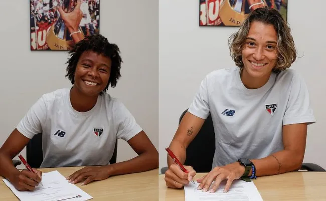 Robinha e Serrana, destaques da temporada 2024 assinando renovaçãoo de vínculo com o clube. Foto: Aline Fiuza / São Paulo FC