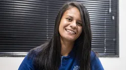 Rafa Martins, jogadora do Santos durante assinatura de ampliação de vínculo com o clube