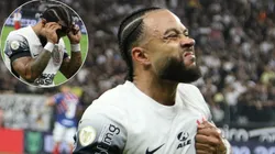 Memphis Depay tirou faixa e lustrou escudo do Timão antes de soltar "Aqui é Corinthians" - Fotos: Joisel Amaral/AGIF