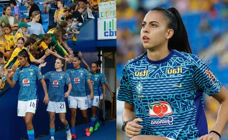 Seleção Brasileira recebe o carinho da torcida antes de entrar em campo, com destaque para Lauren, à direita, autora de seu primeiro gol com a Amarelinha contra a Austrália. Foto: Rafael Ribeiro/CBF