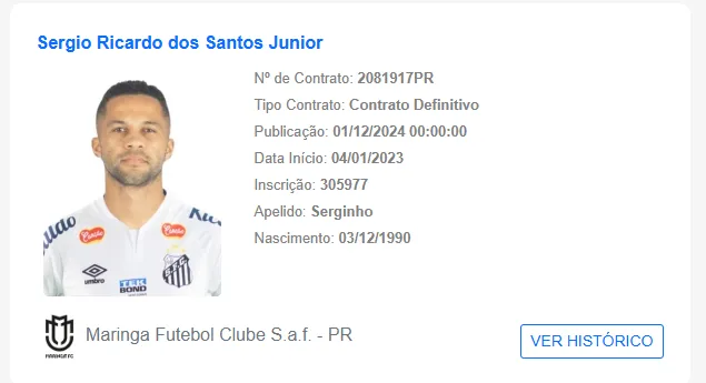 Serginho aparece como jogador do Maringá. Foto/ Reprodução: CBF