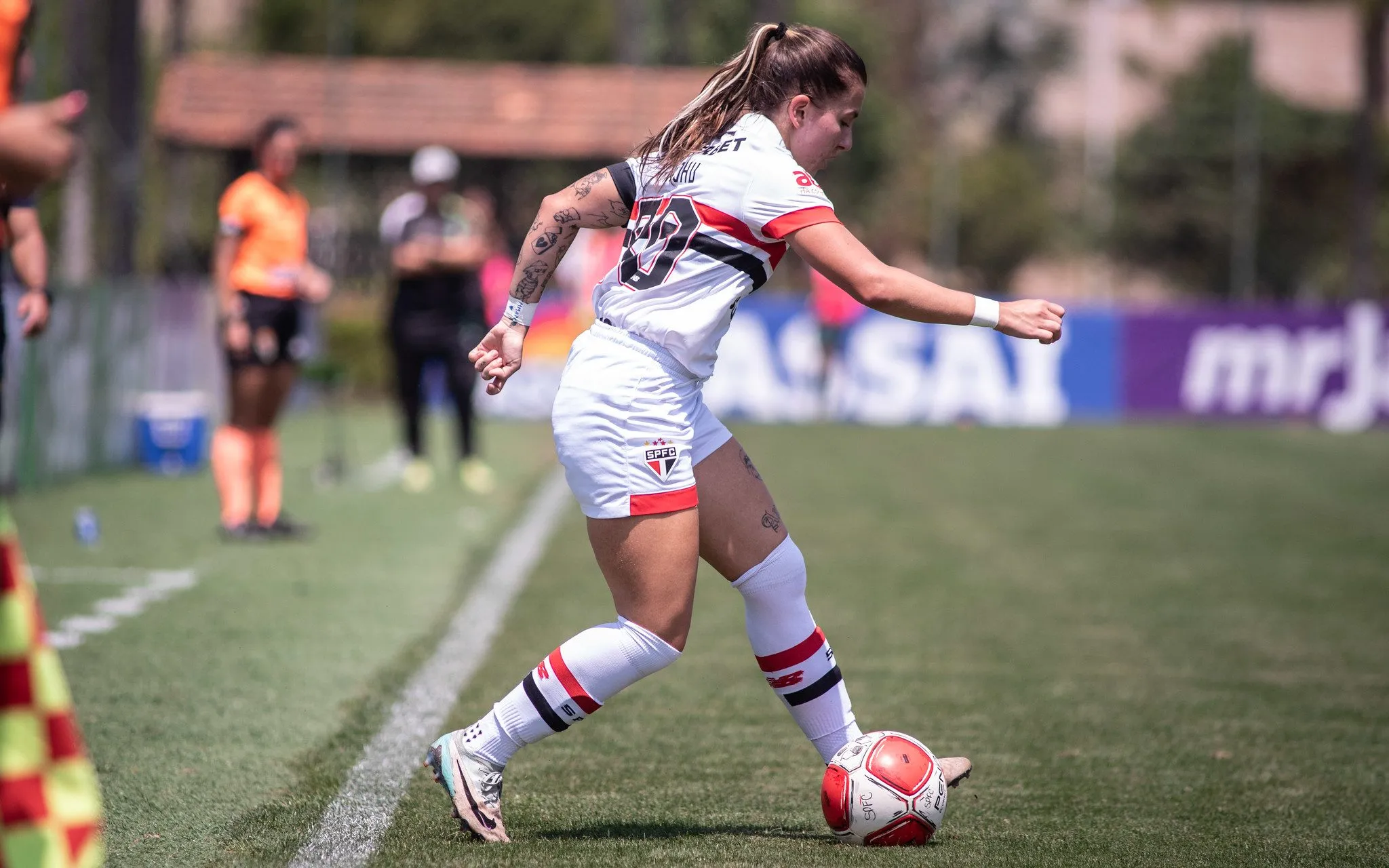 Majhu, durante vitória de goleada do São Paulo sobre o Pinda, por 5 a 0 no Paulistão Feminino 2024. Foto: Guilherme Veiga/Ag. Paulistão/Centauro