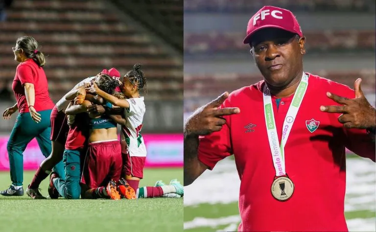 PC Rodrigues, treinador das Meninas de Xerém comemora a campanha invicta e a taça da Copinha 2024. Foto: Marina Garcia/FFC