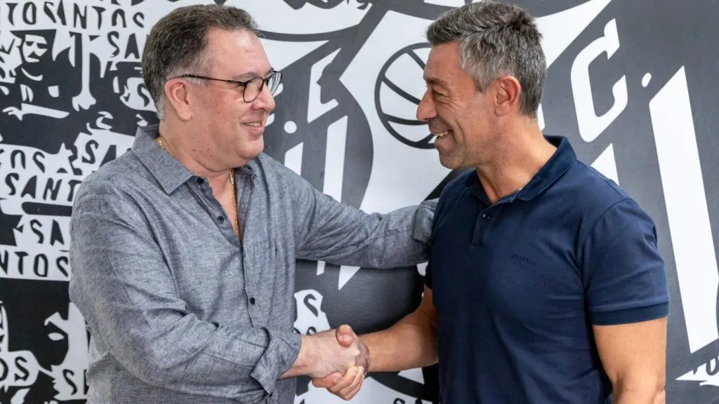 Marcelo Teixeira e Pedro Caixinha. Foto: Bruno Vaz/Santos FC