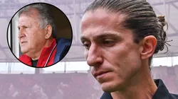 Filipe Luís e Zico. Fotos: Celso Pupo/Fotoarena/IMAGO e IMAGO/AFLOSPORT