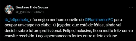 Tweet de assessoria sobre Felipe Melo. Foto: Reprodução X oficial/Gustavo de Souza