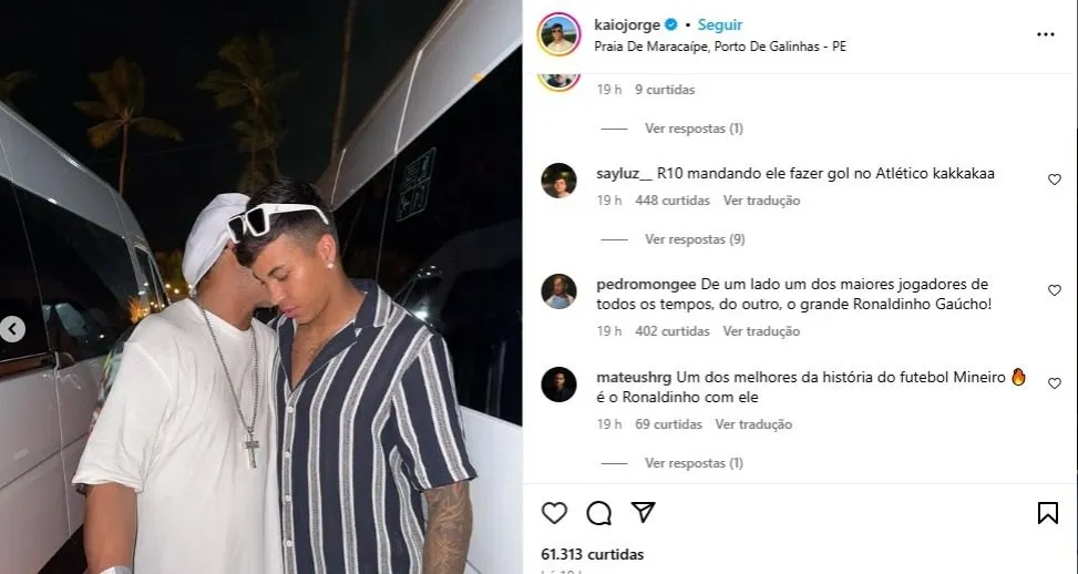 Torcida do Cruzeiro comentando em publicação de Kaio Jorge com Ronaldinho Gaúcho. Foto: Reprodução Instagram