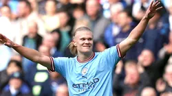 Erling Haaland comemora gol pelo Manchester City em partida da Premier League. Foto: PA Images / Alamy Stock Photo
