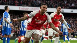 Gabriel Jesus comemora gol marcado em partida da Premier League diante do Brighton no Emirates Stadium. Foto: PA Images / Alamy Stock Photo
