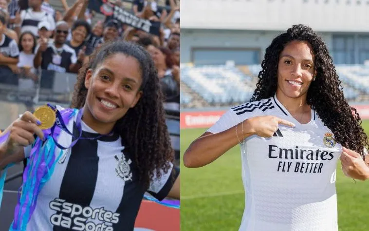 Yasmin, ex-lateral do Corinthians, e agora, novo reforço do Real Madrid em 2025. Foto: Rebeca Reis/Ag.Paulistão. Divulgação/Real Madrid
