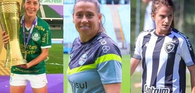 Flávia Mota, Vivi Holzel e Chai integram o elenco das Meninas da Gávea em 2025. Foto: Divulgação/Palmeiras; Morgana Schuh/Grêmio FBPA e Arthur Barreto/Botafogo