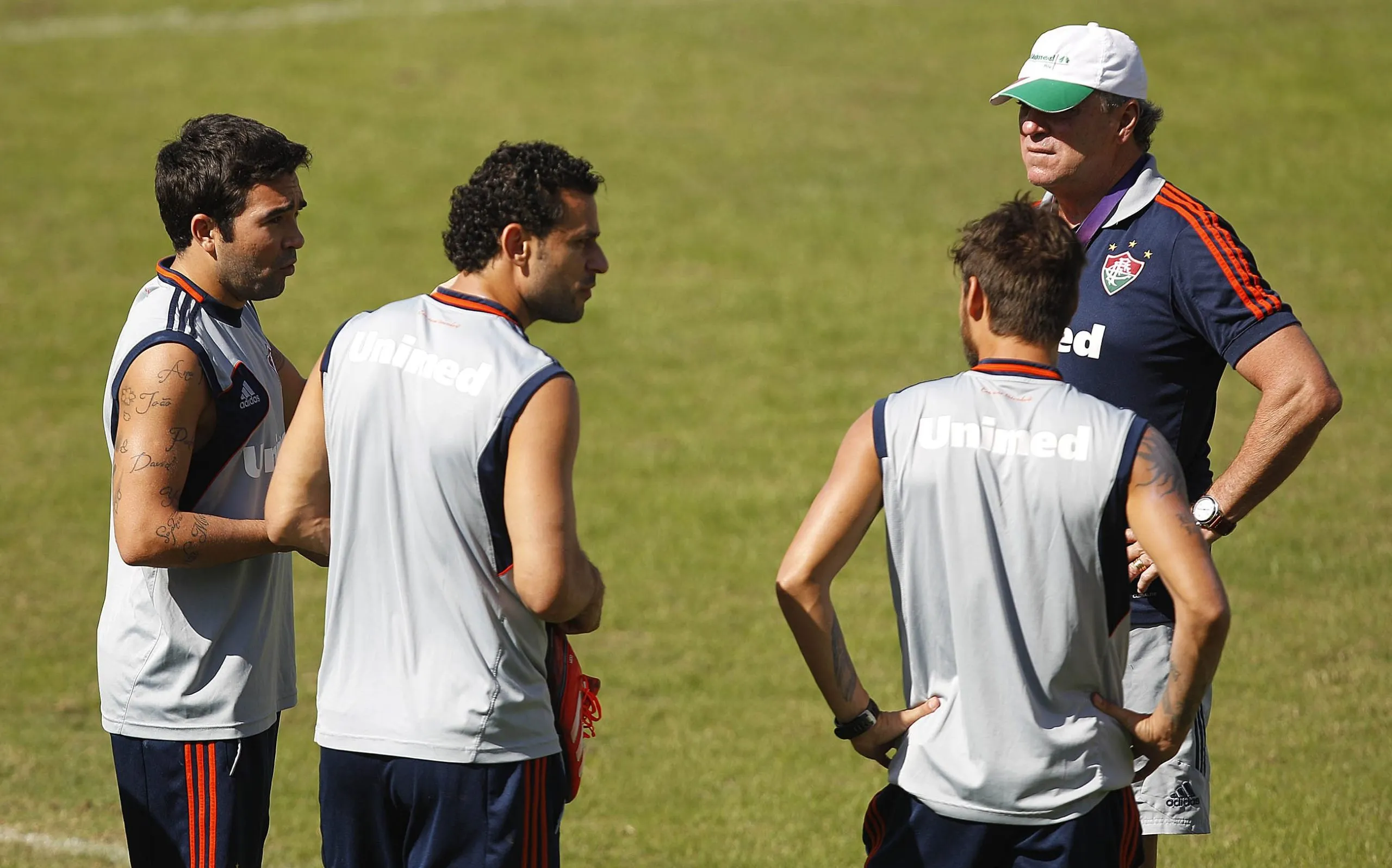 Deco, Fred, Rafael Sobis e o ex- técnico Abel Braga durante treino do Fluminense no CT Laranjeiras. 19 de Julho de 2013, Foto: Wagner Meier/AGIF