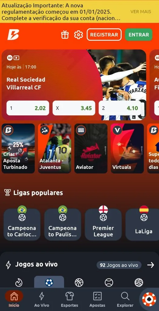 Captura de tela do aplicativo da Betano exibindo as opções de apostas na página inicial.