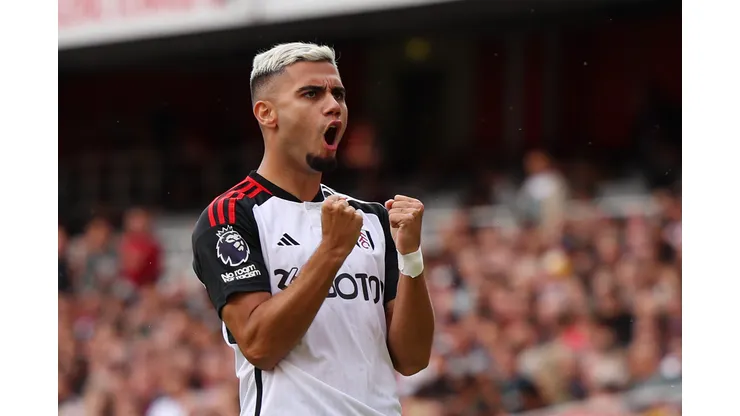 LONDON, ENGLAND - AUGUST 26: Andreas Pereira of Fulham celebrates after scoring the team's first goal during the Premier League match between Arsenal FC and Fulham FC at Emirates Stadium on August 26, 2023 in London, England. (Photo by Julian Finney/Getty Images)